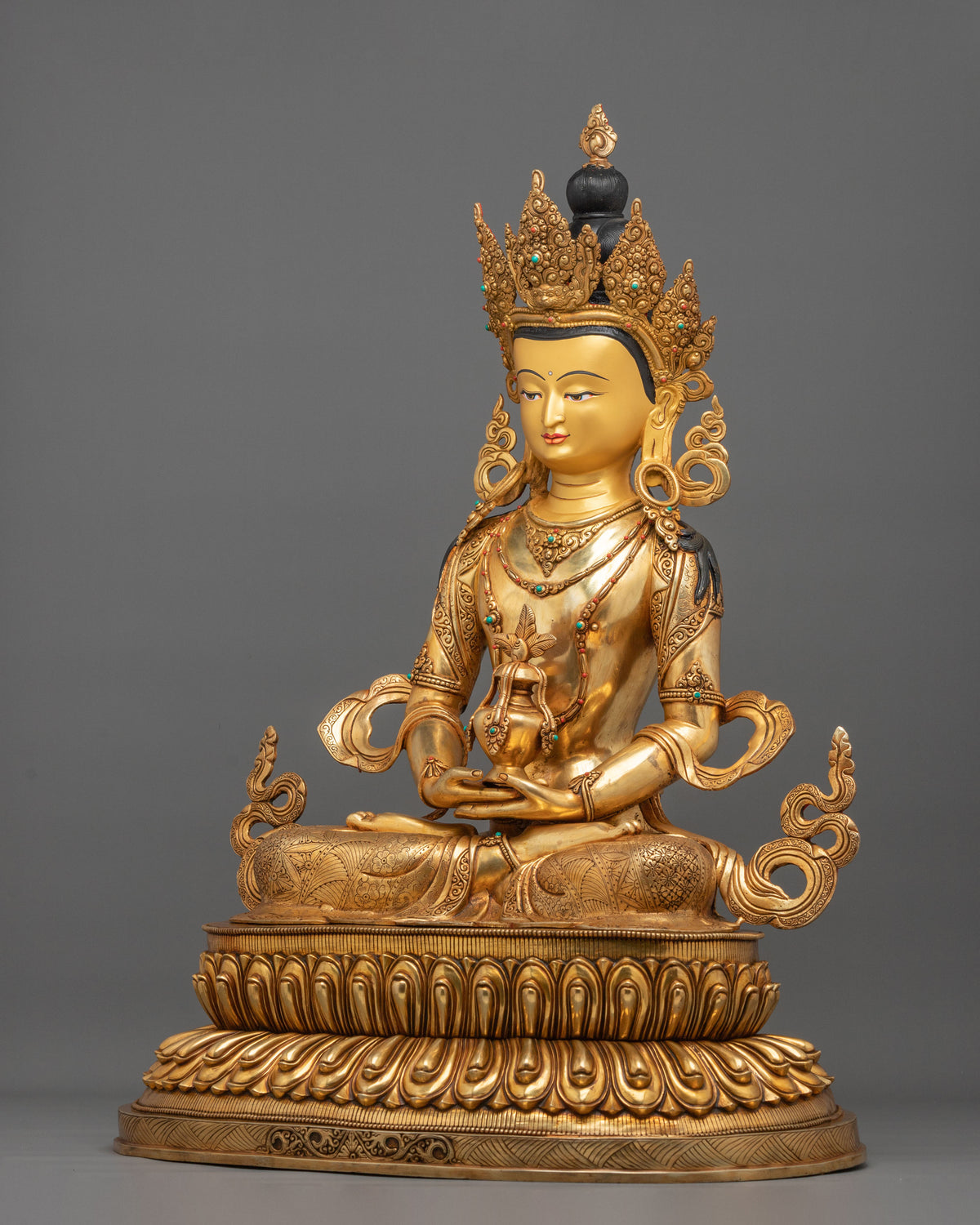 Amitayus Buddha Statue | Gemstones Adorned Golden Copper Sculpture
