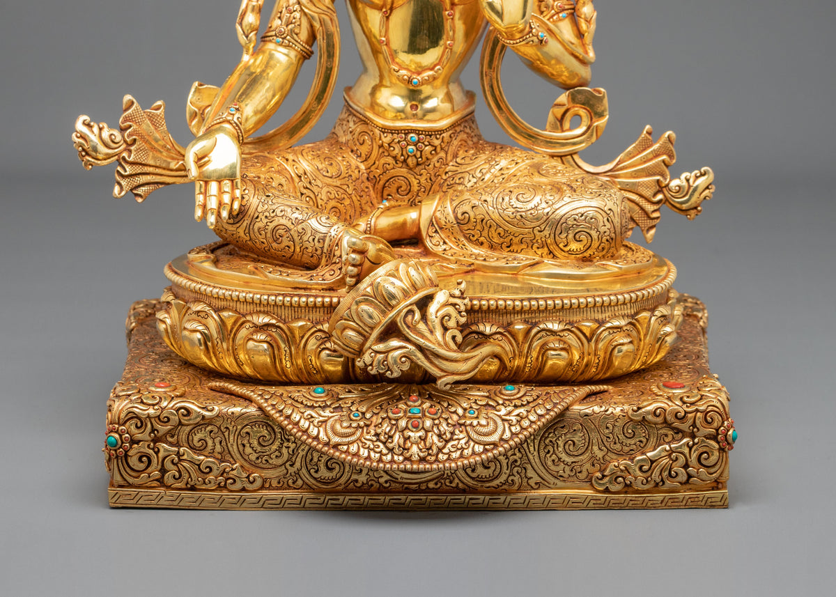 Green Tara Statue: 24K Gold Gilded Buddhist Sculpture