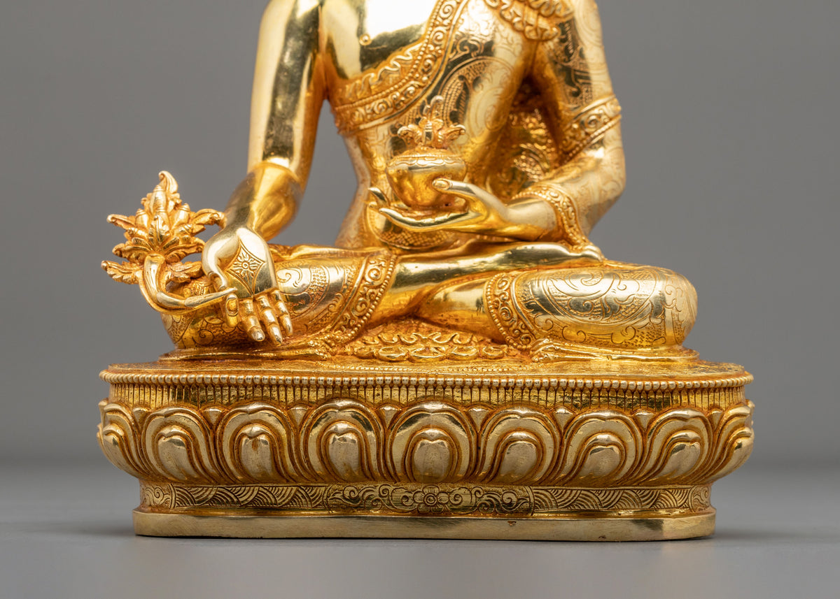 24K Gold Gilded Copper Statue of Medicine Buddha: Himalayan Buddhist Sacred Art