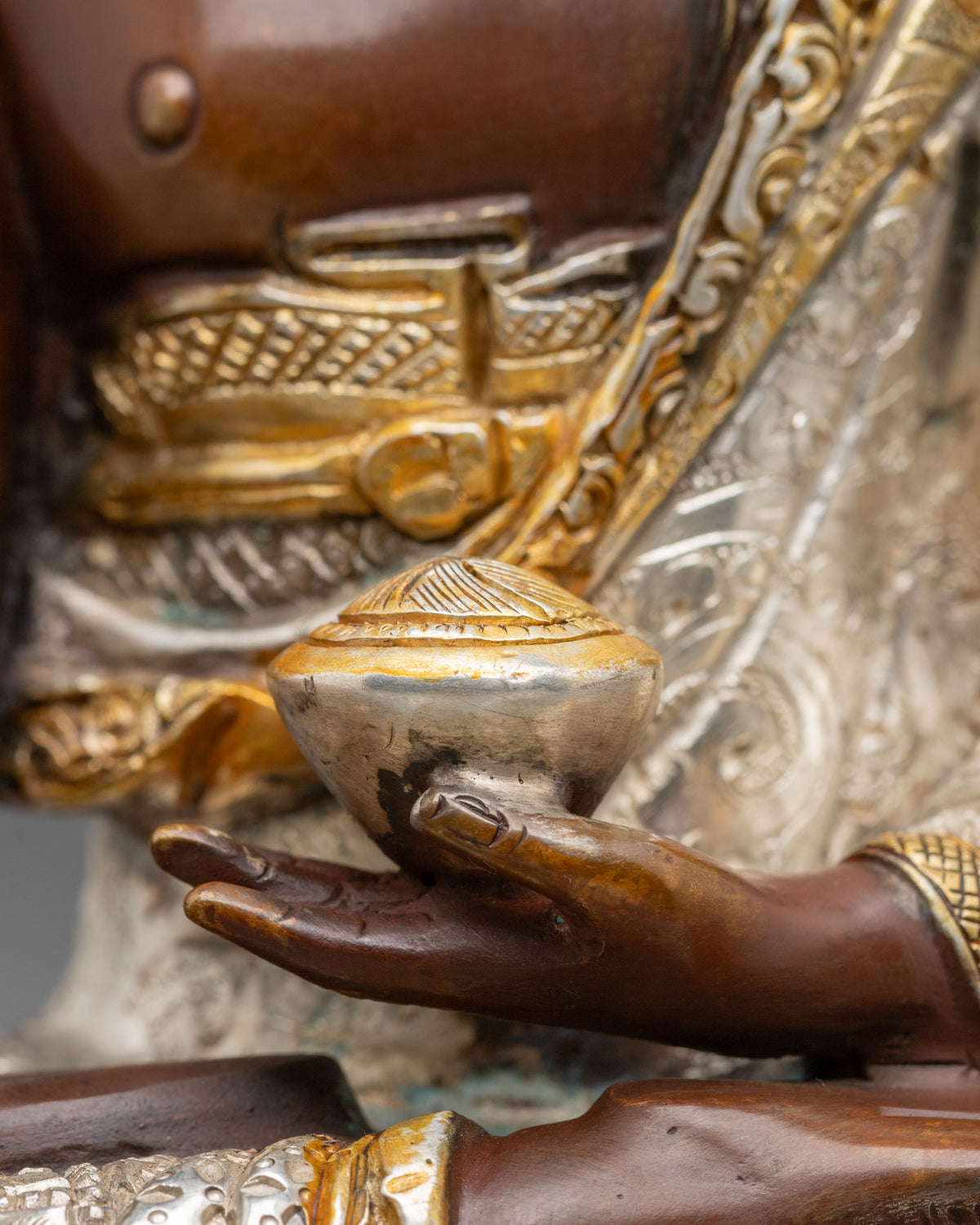 Shakyamuni Buddha Oxidized Statue with Silver Plating