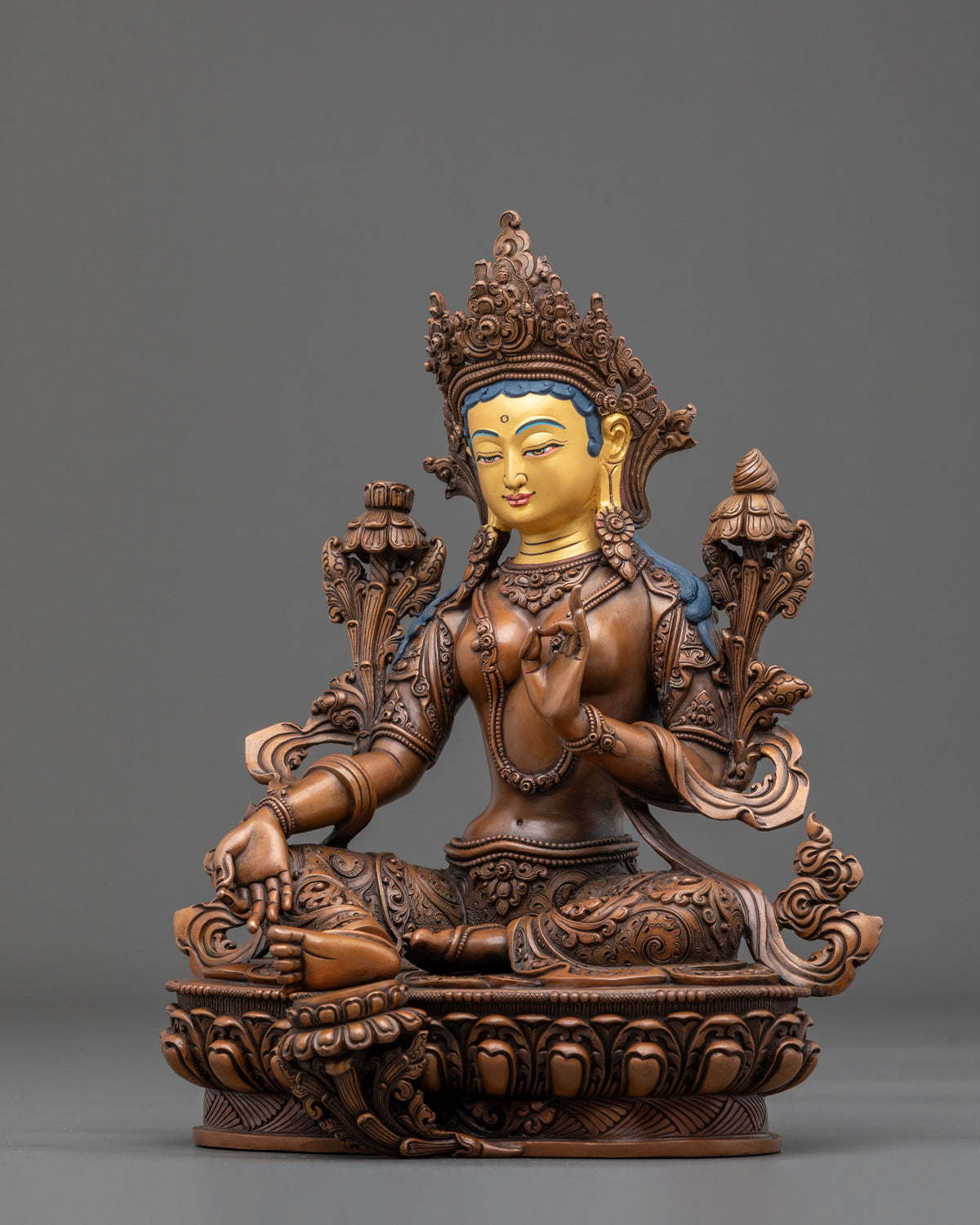 Green Tara Sculpture | Handcrafted Gemstones Adorned Figurine