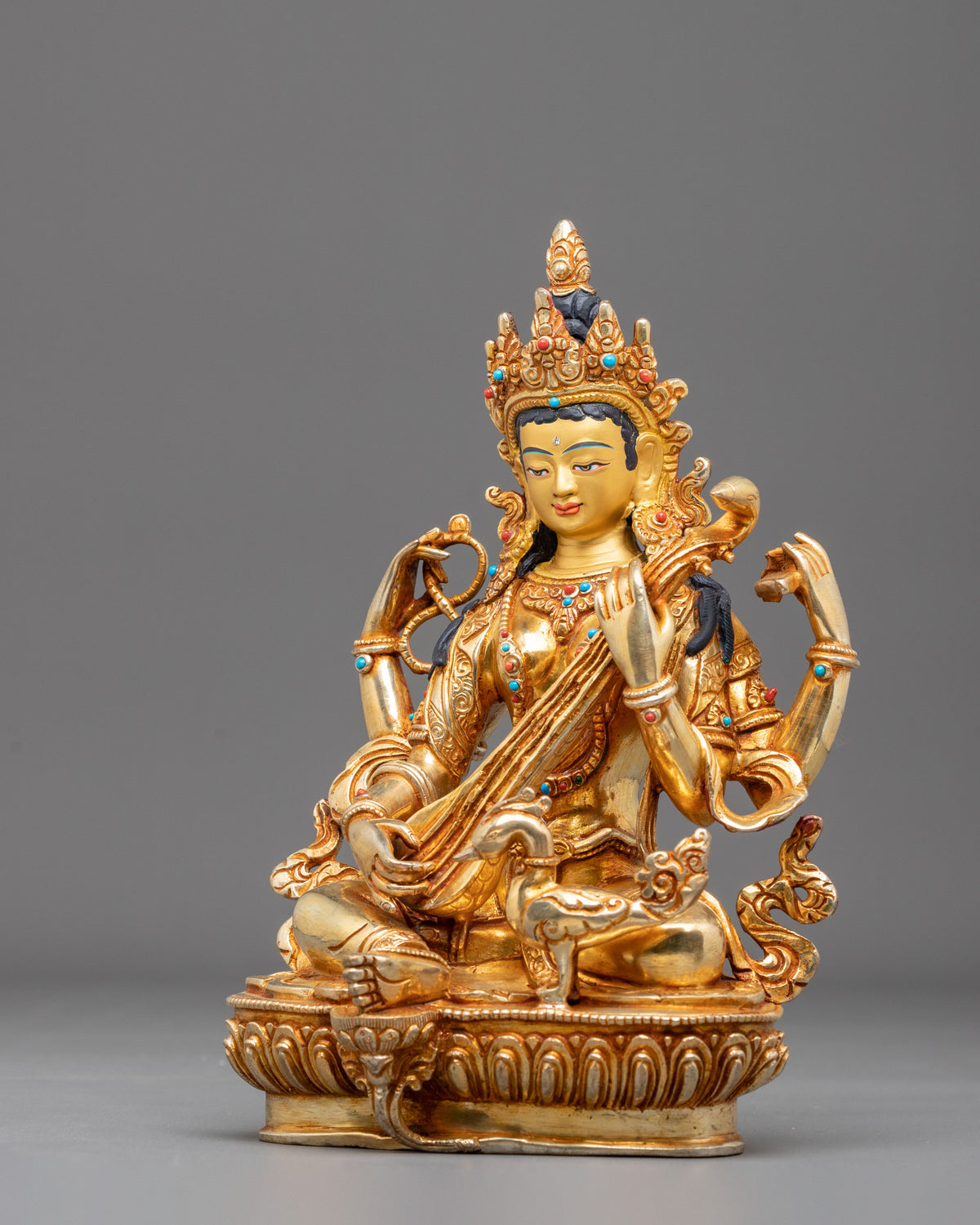 Devi Saraswati 24K Gold Gilded Sculpture | Hindu Goddess of Knowledge