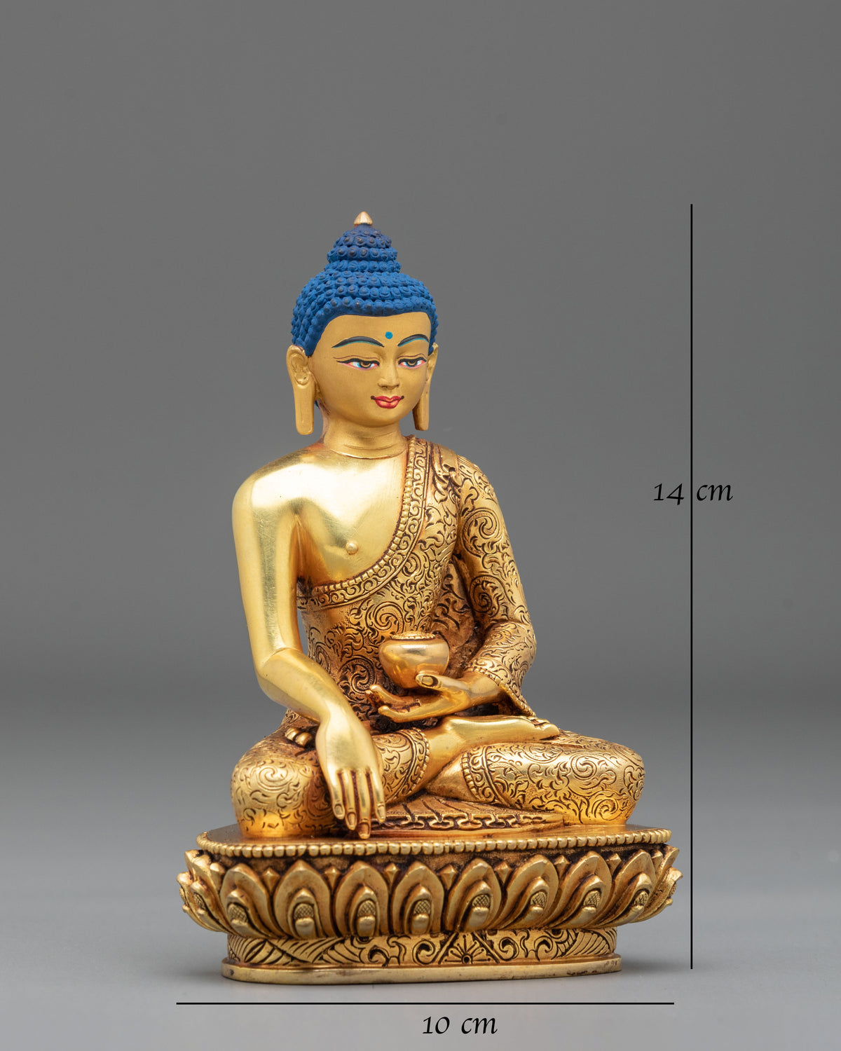 Shakyamuni Buddha Hand Carved Sculpture: 24K Gold Gilded