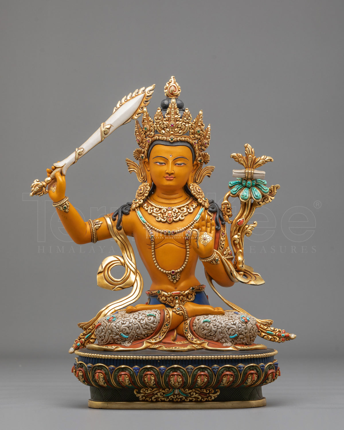 Manjushri Wisdom Sculpture | Copper Statue with Gemstone Details