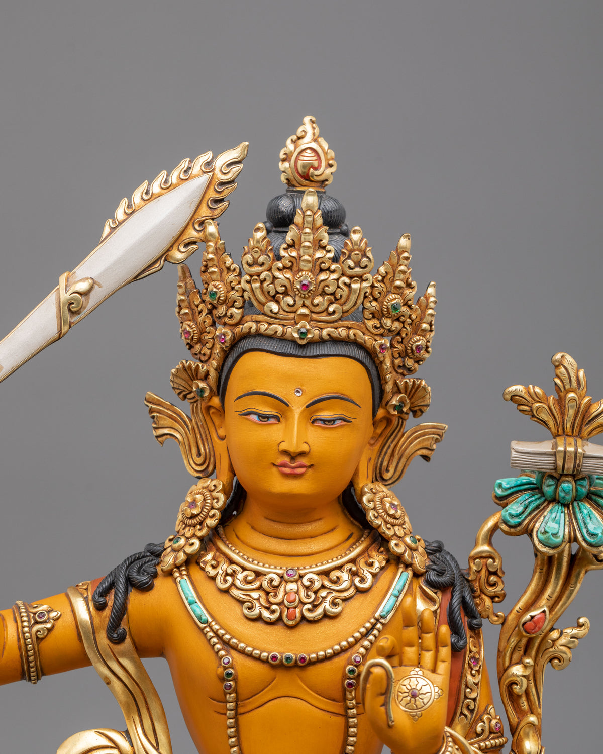 Manjushri Wisdom Sculpture | Copper Statue with Gemstone Details