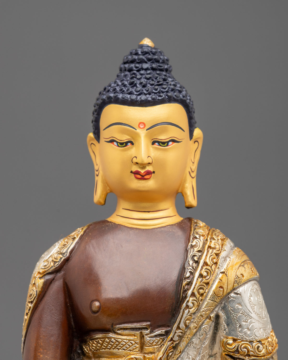 Shakyamuni Buddha Oxidized Statue with Silver Plating