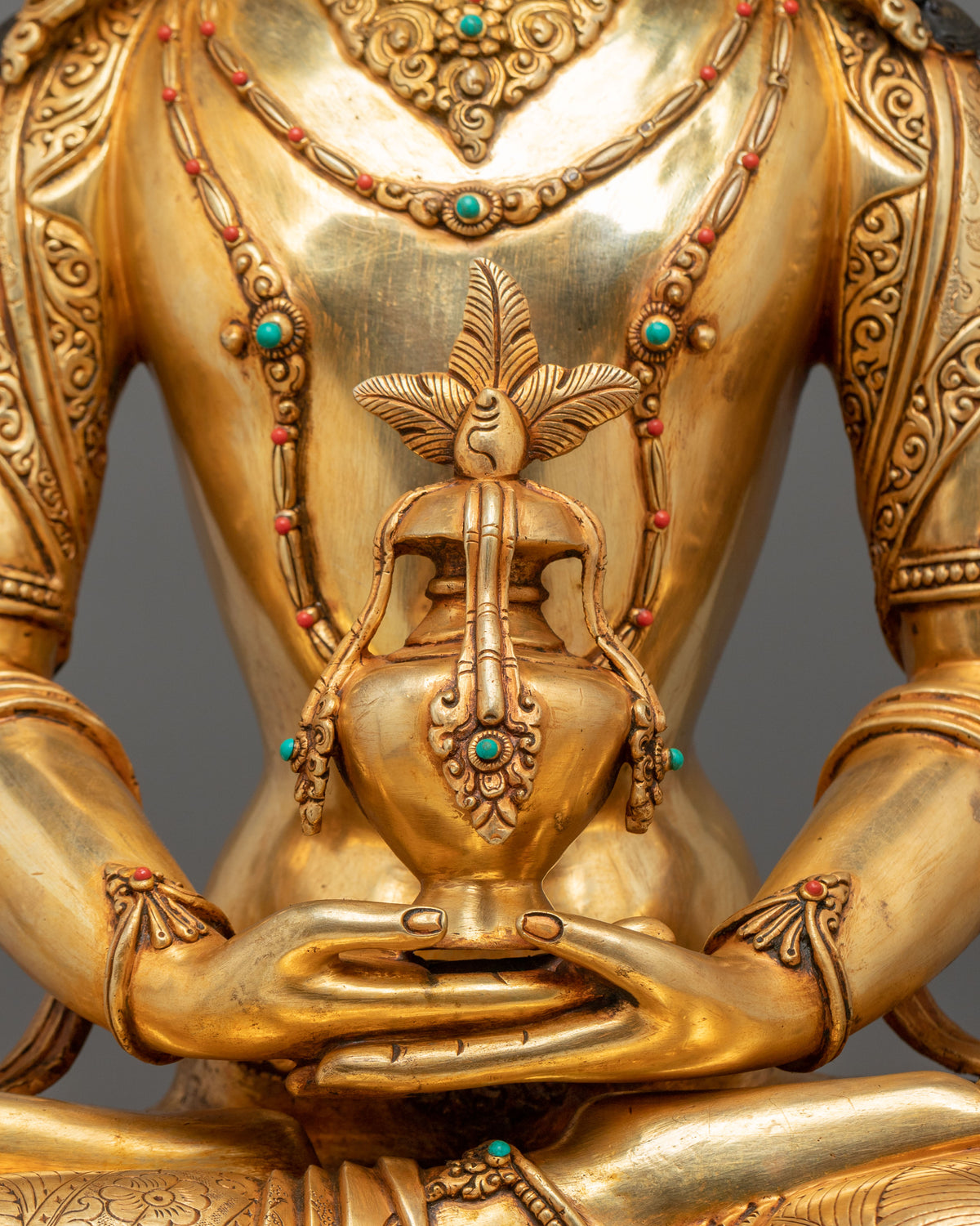 Amitayus Buddha Statue | Gemstones Adorned Golden Copper Sculpture