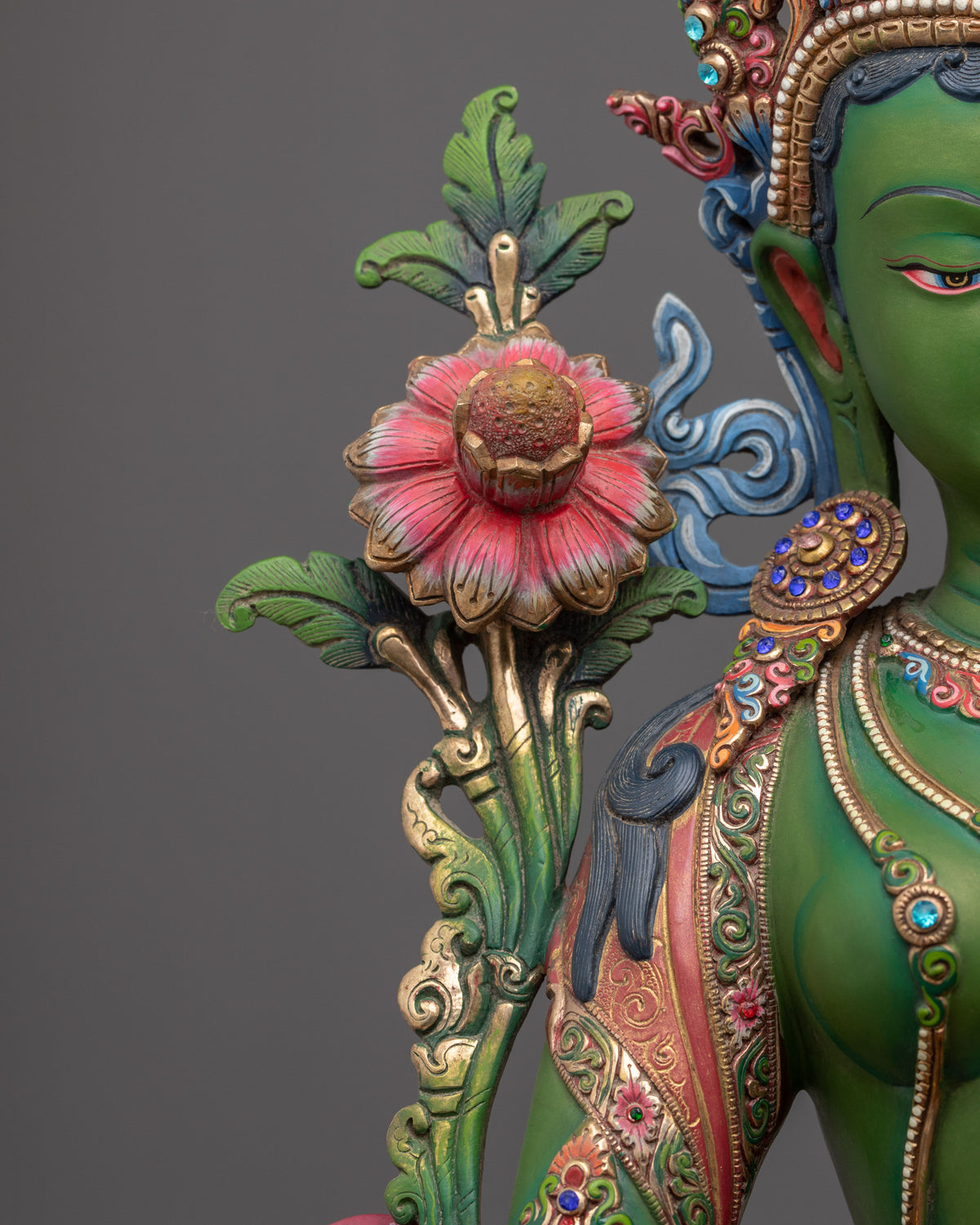 Gemstones Adorned Green Tara Figurine | Buddhist Deity of Compassion and Swift Activity