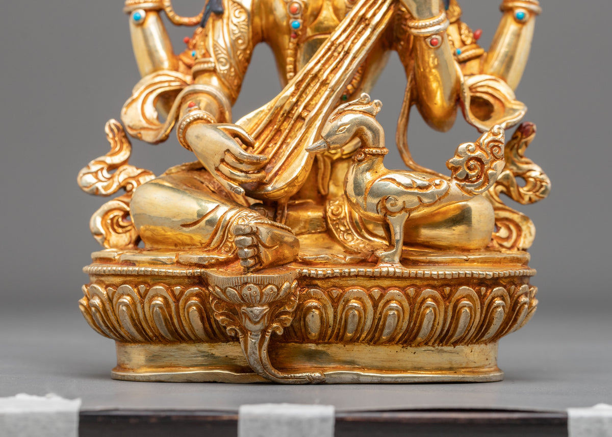 Devi Saraswati 24K Gold Gilded Sculpture | Hindu Goddess of Knowledge