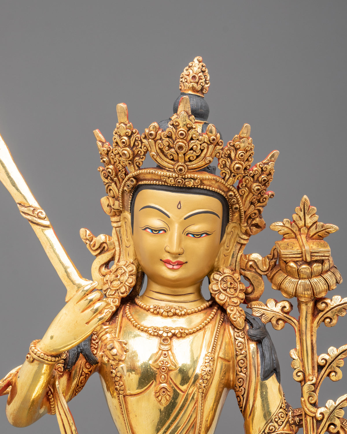 Manjushri Sculpture: 24K Fire Gold Gilding Statue with Gemstones Inlayed