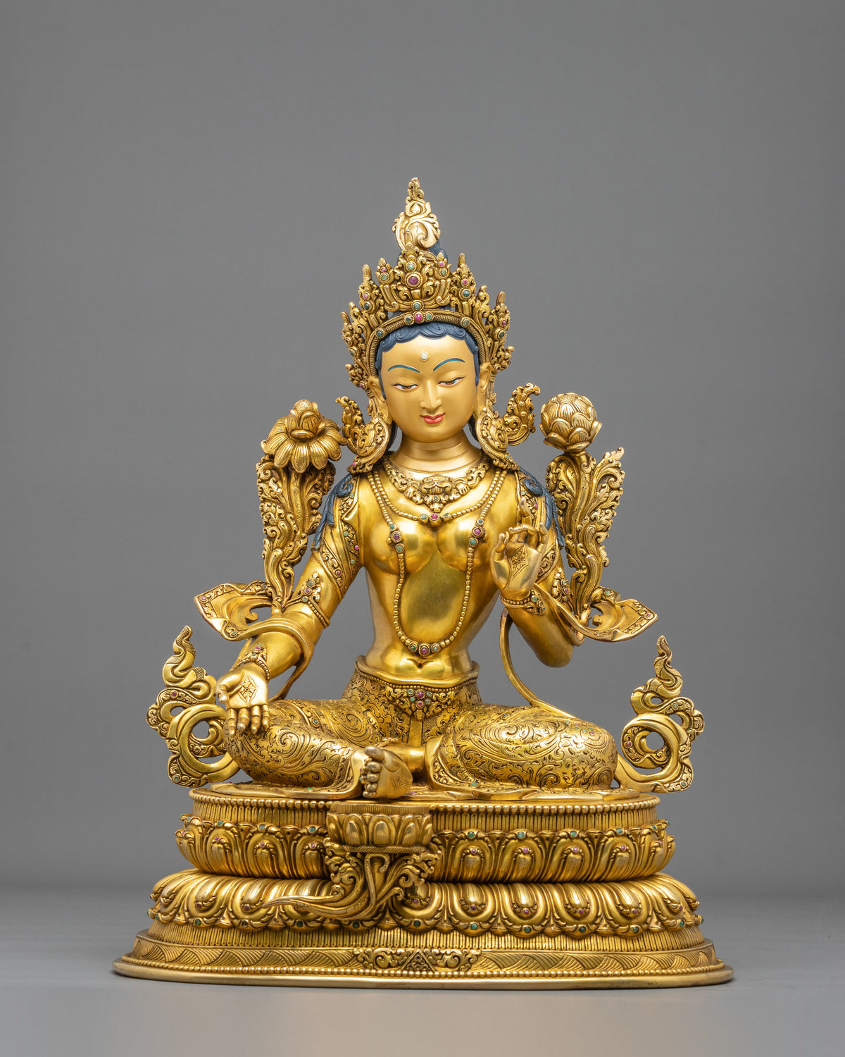 Green Tara 24K Gold-Coated Statue | Copper Form of Sacred Protection
