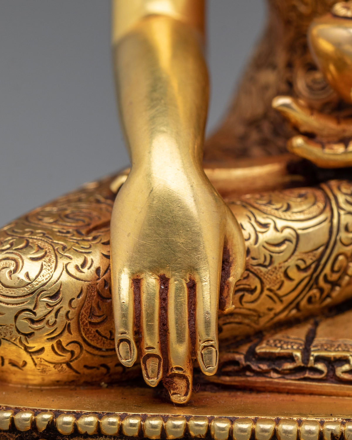 Shakyamuni Buddha Hand Carved Sculpture: 24K Gold Gilded