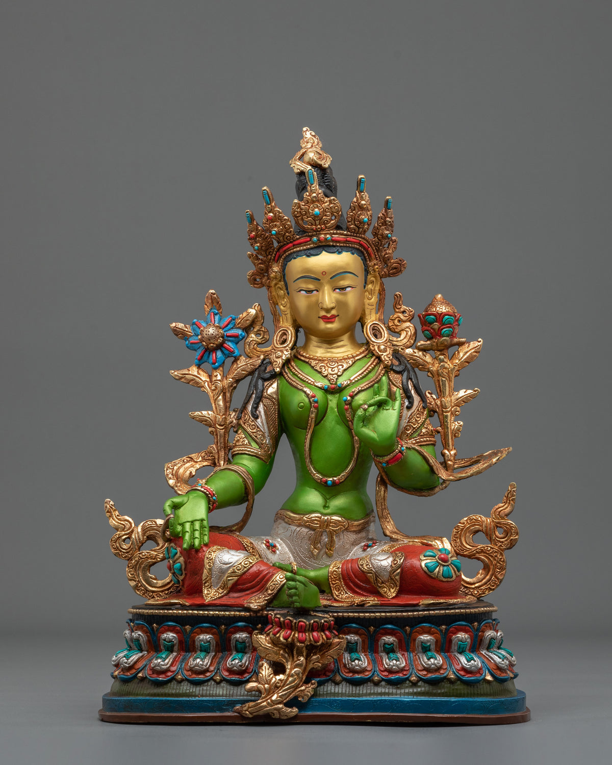 Green Tara Lotus of Liberation Statue | Gold Painted Buddhist Sculpture