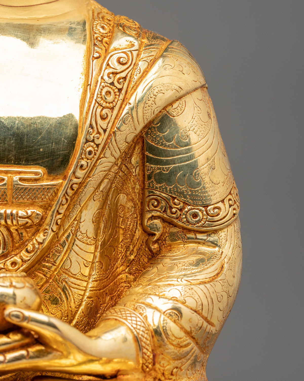 Amitabha Buddha Hand Carved Sculpture: 24K Gold Gilded Serenity