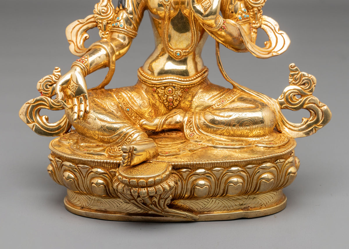 Tibetan Goddess Green Tara Handmade Statue | 24K Gold Gilded Compassion Sculpture