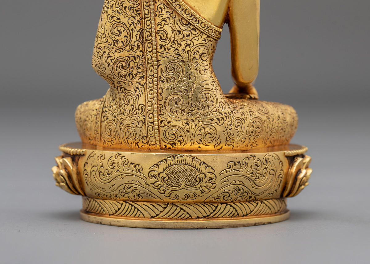 Shakyamuni Buddha Hand Carved Sculpture: 24K Gold Gilded