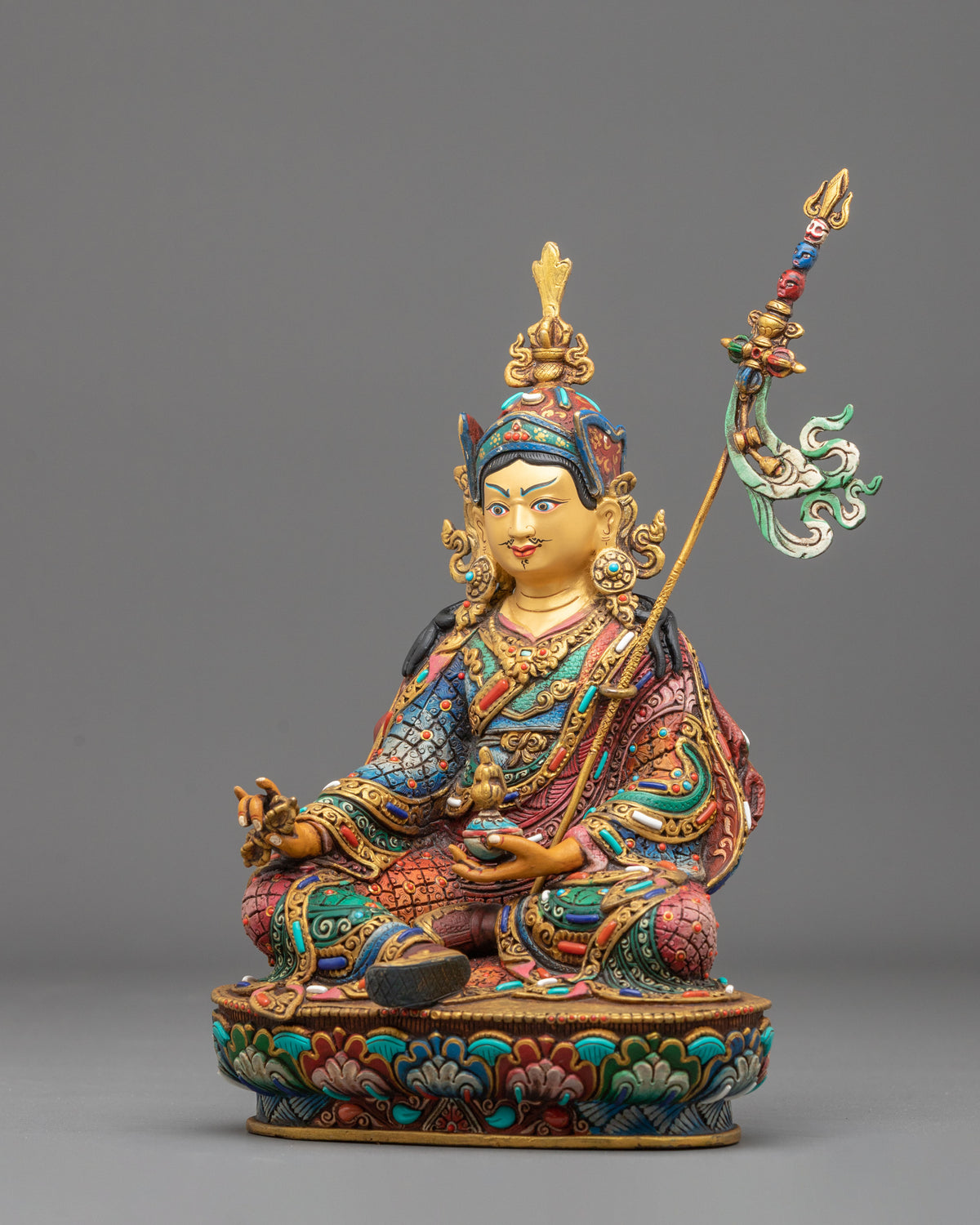 Handmade Tibetan Statue of Guru Rinpoche Sculpture: 24K Gold Gilded