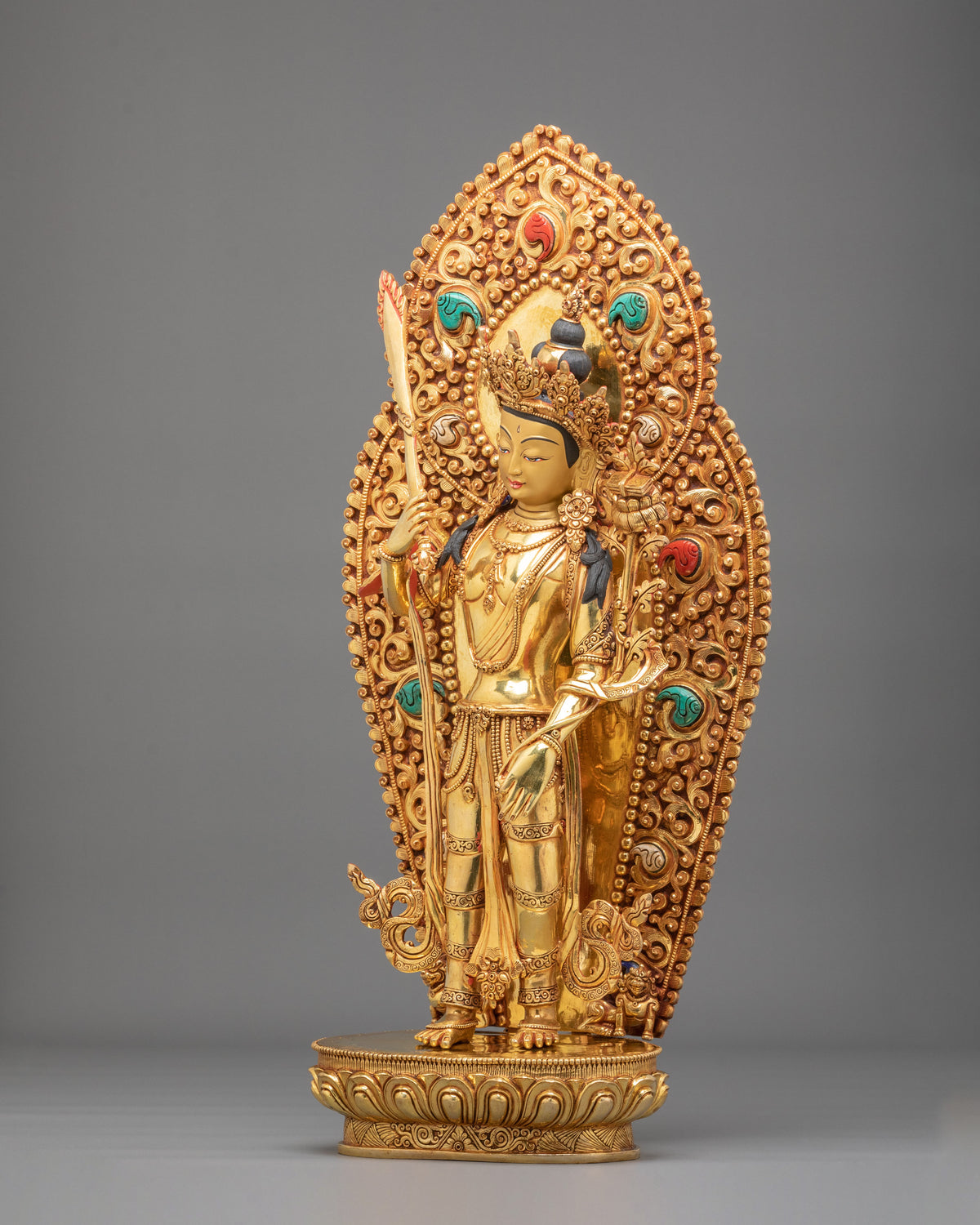 Manjushri Sculpture: 24K Fire Gold Gilding Statue with Gemstones Inlayed