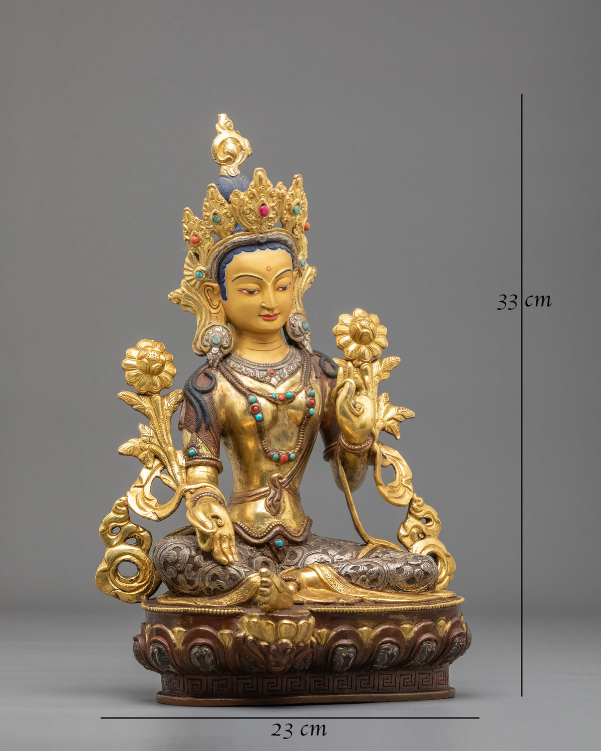 Tibetan Figurine of Goddess Green Tara | 24K Gold Gilded Buddhist Statue