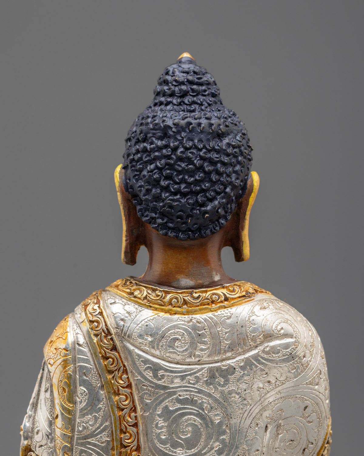 Shakyamuni Buddha Oxidized Statue with Silver Plating