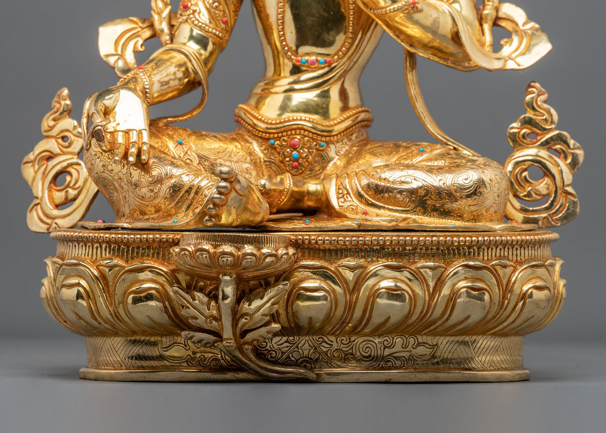 Green Tara 24K Gold Coated Goddess Statue: Deity of Compassion and Liberation