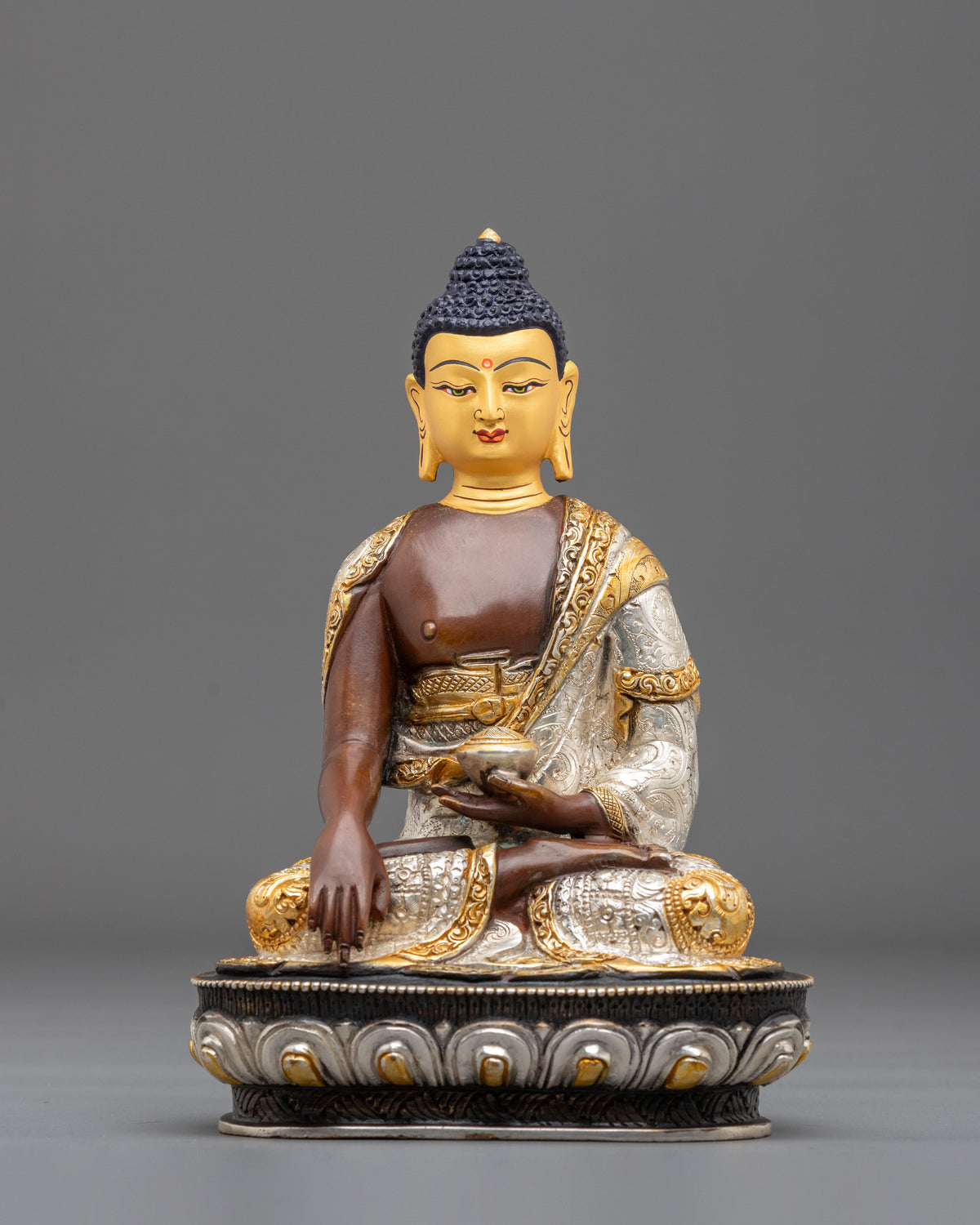 Shakyamuni Buddha Oxidized Statue with Silver Plating