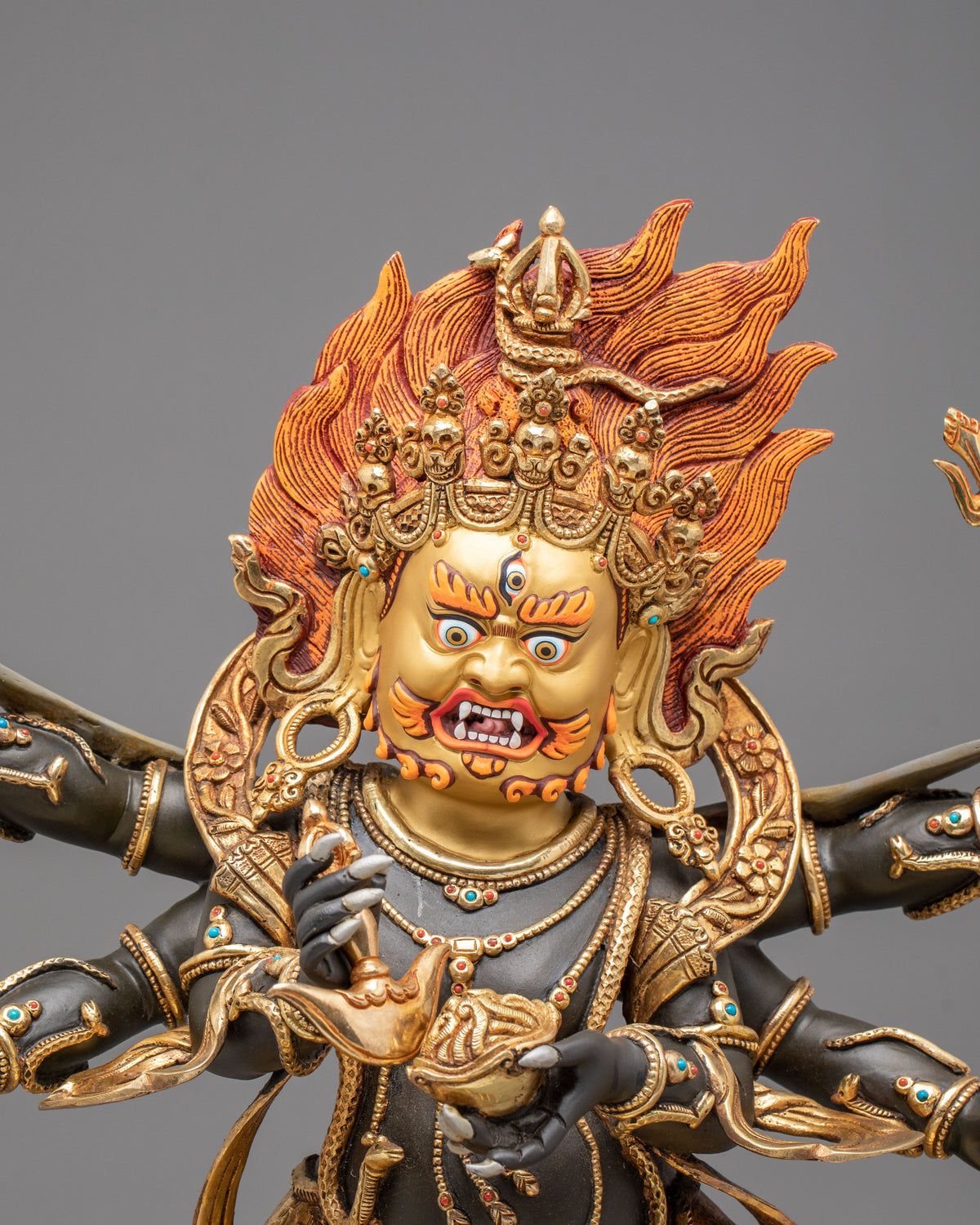 Six-Armed Mahakala Wrathful Guardian Statue | Himalayan Buddhist Shrine Art