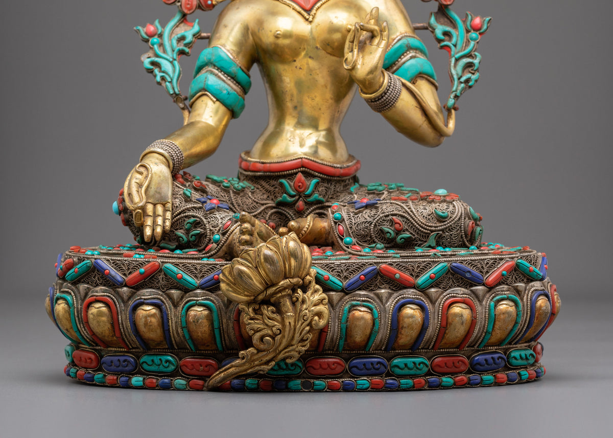 Green Tara Statue: Hand-Gilded 24K Gold & Gemstone