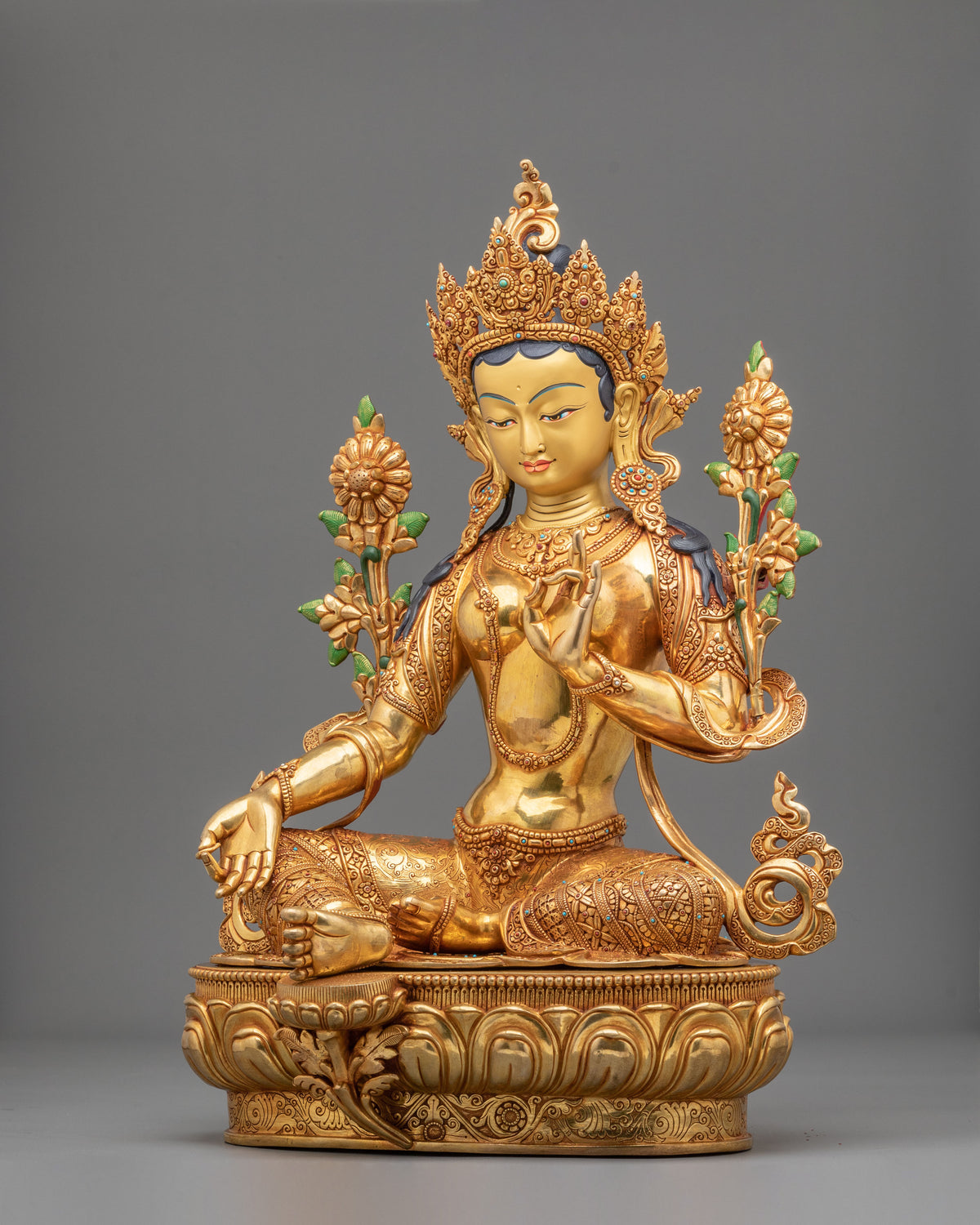 Green Tara 24k Gold Gilded Copper Statue | Mother of All Buddhas