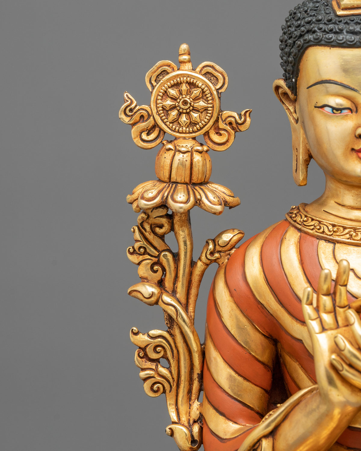 24K Gold Gilded Maitreya Buddha Copper Sculpture with Gemstones Inlays