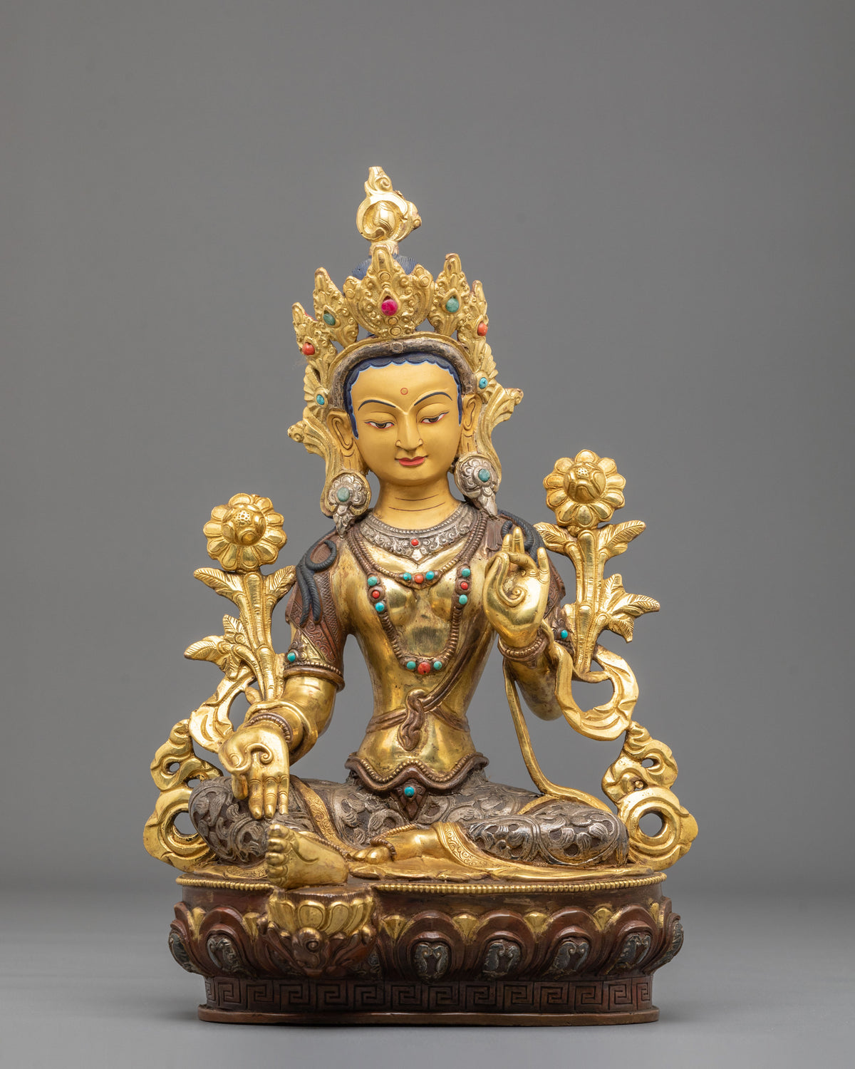 Tibetan Figurine of Goddess Green Tara | 24K Gold Gilded Buddhist Statue