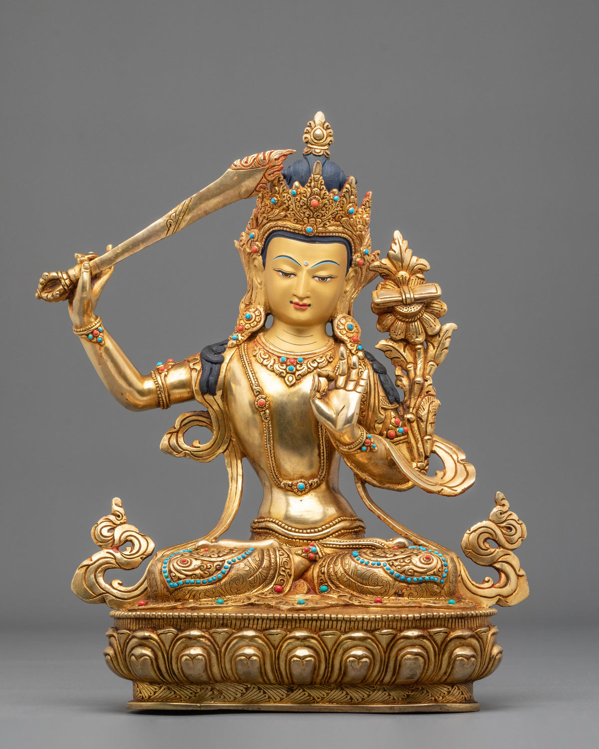Manjushri Buddhist Golden Handmade Statue | Sacred Meditation Altar