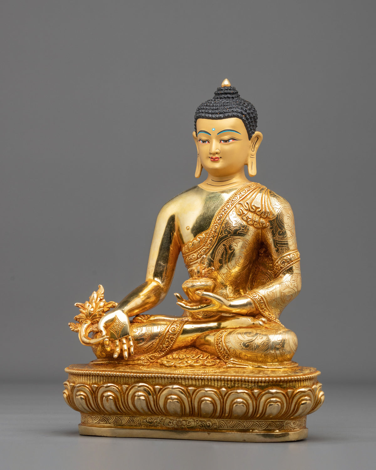 24K Gold Gilded Copper Statue of Medicine Buddha: Himalayan Buddhist Sacred Art