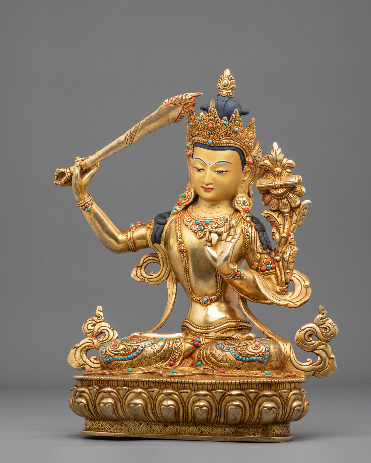 Manjushri Buddhist Golden Handmade Statue | Sacred Meditation Altar