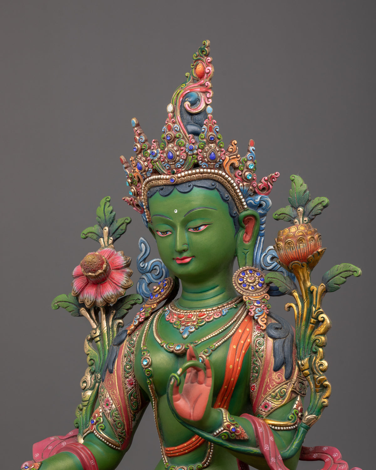 Gemstones Adorned Green Tara Figurine | Buddhist Deity of Compassion and Swift Activity