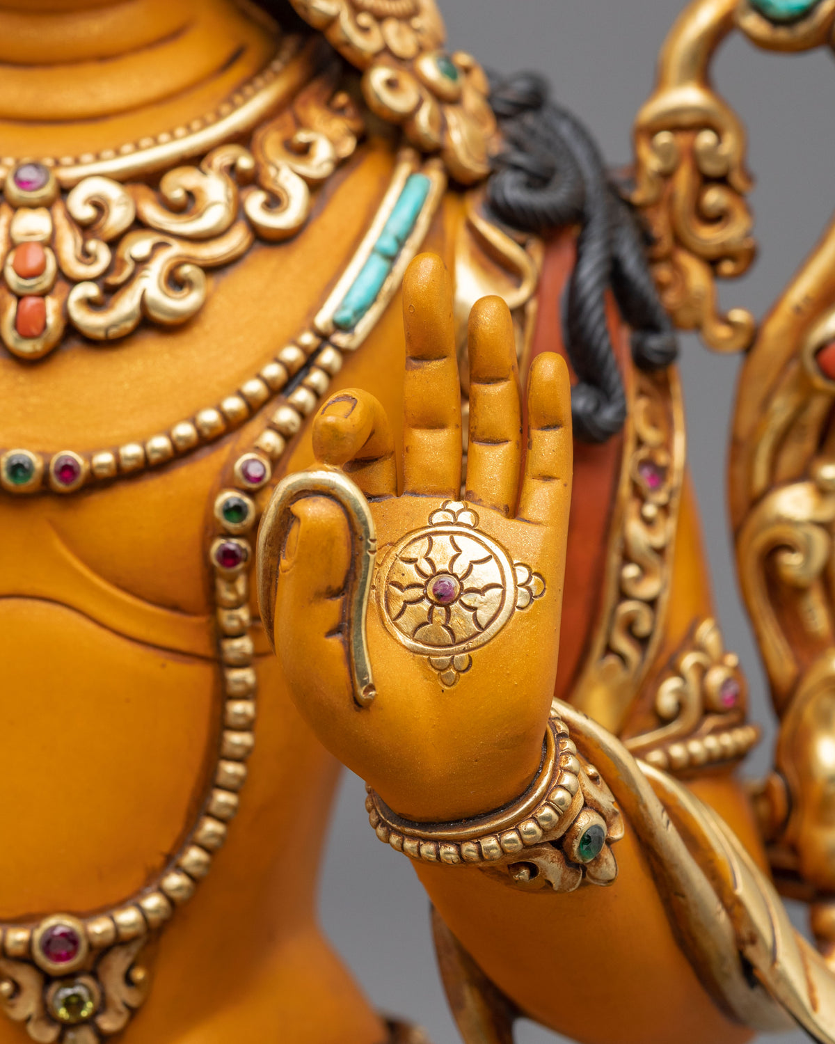Manjushri Wisdom Sculpture | Copper Statue with Gemstone Details