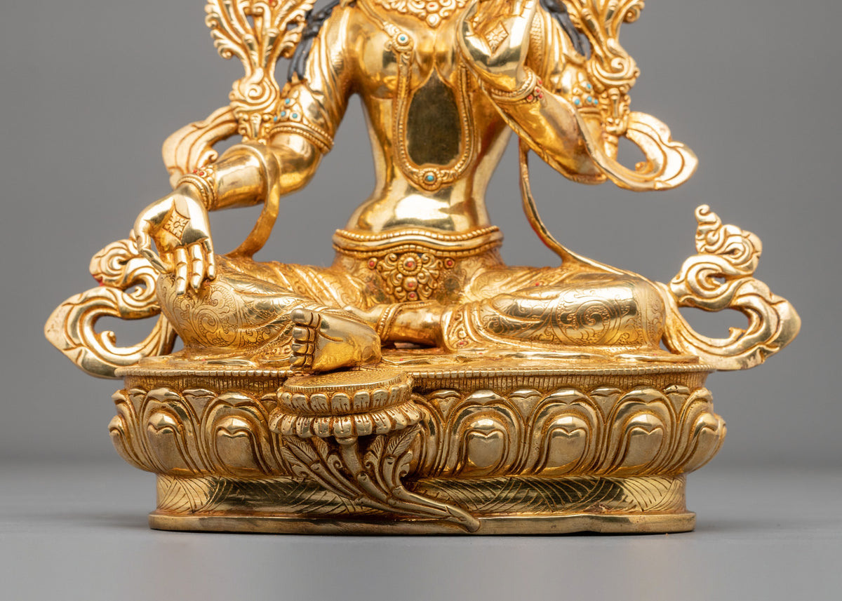 Tibetan Goddess Green Tara Handmade Statue | 24K Gold Gilded Compassion Sculpture