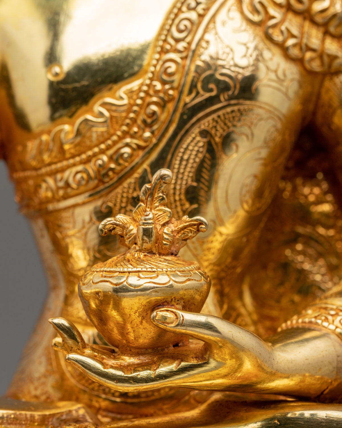 24K Gold Gilded Copper Statue of Medicine Buddha: Himalayan Buddhist Sacred Art