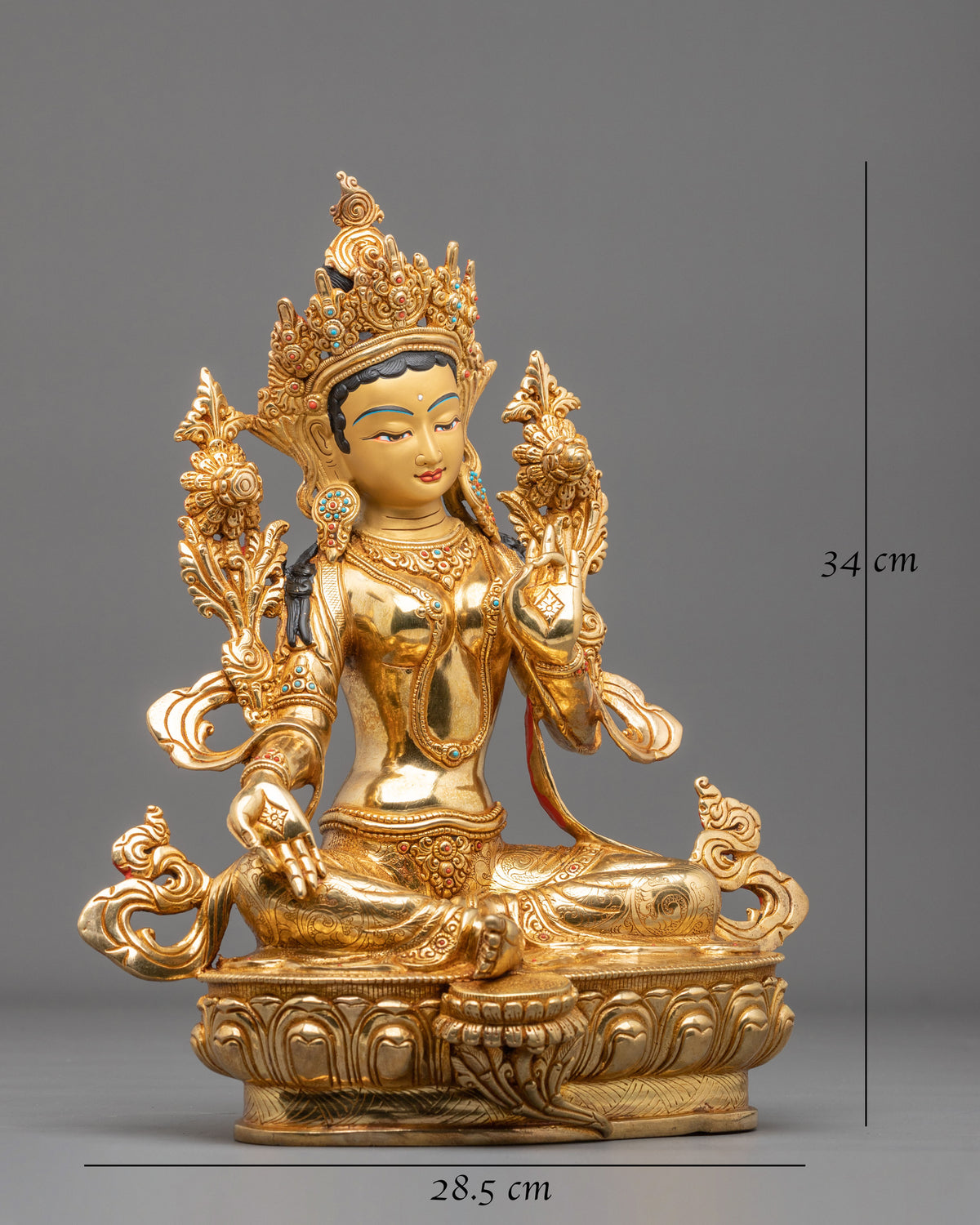 Tibetan Goddess Green Tara Handmade Statue | 24K Gold Gilded Compassion Sculpture
