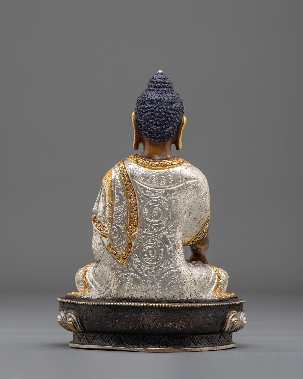 Shakyamuni Buddha Oxidized Statue with Silver Plating