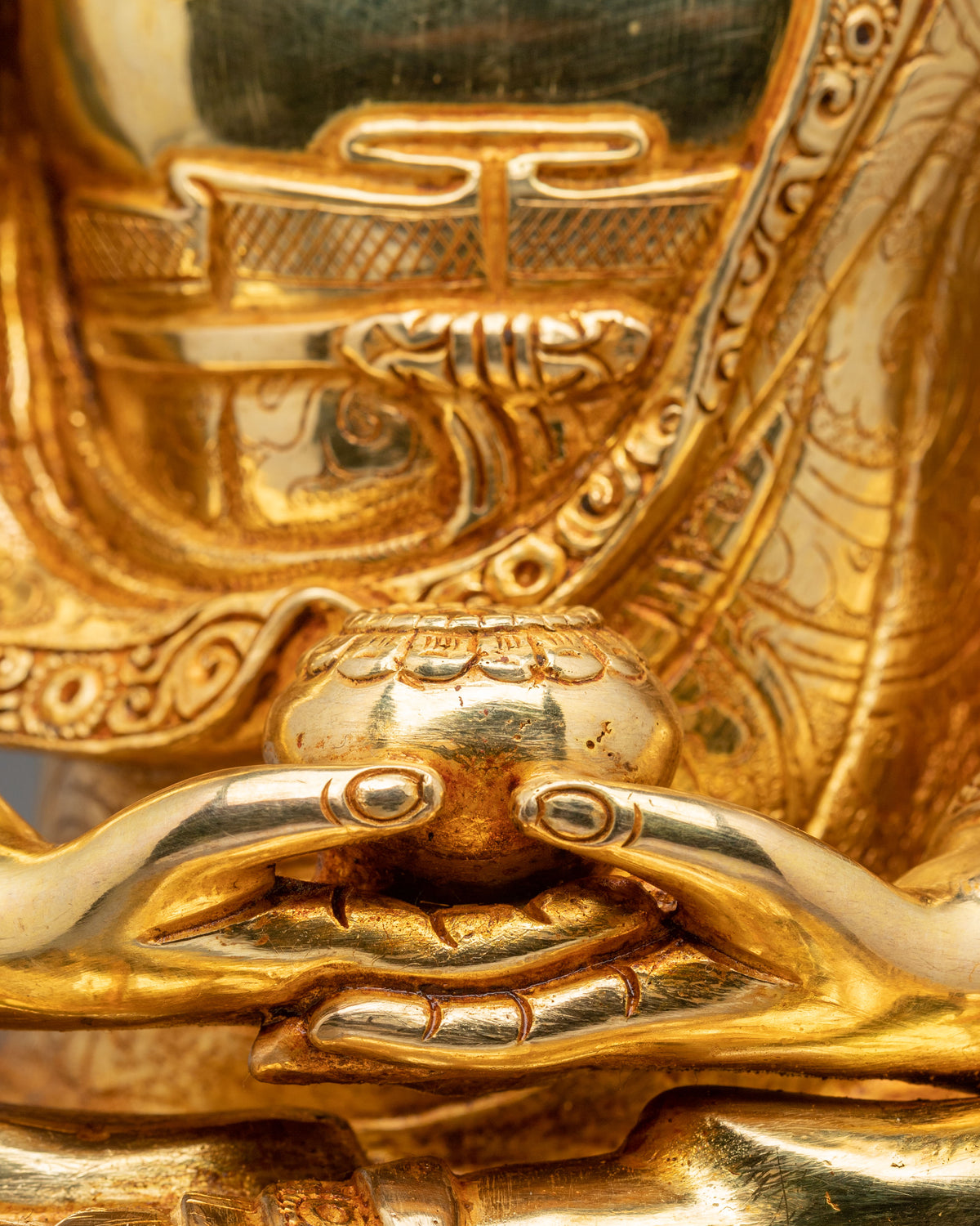 Amitabha Buddha Hand Carved Sculpture: 24K Gold Gilded Serenity