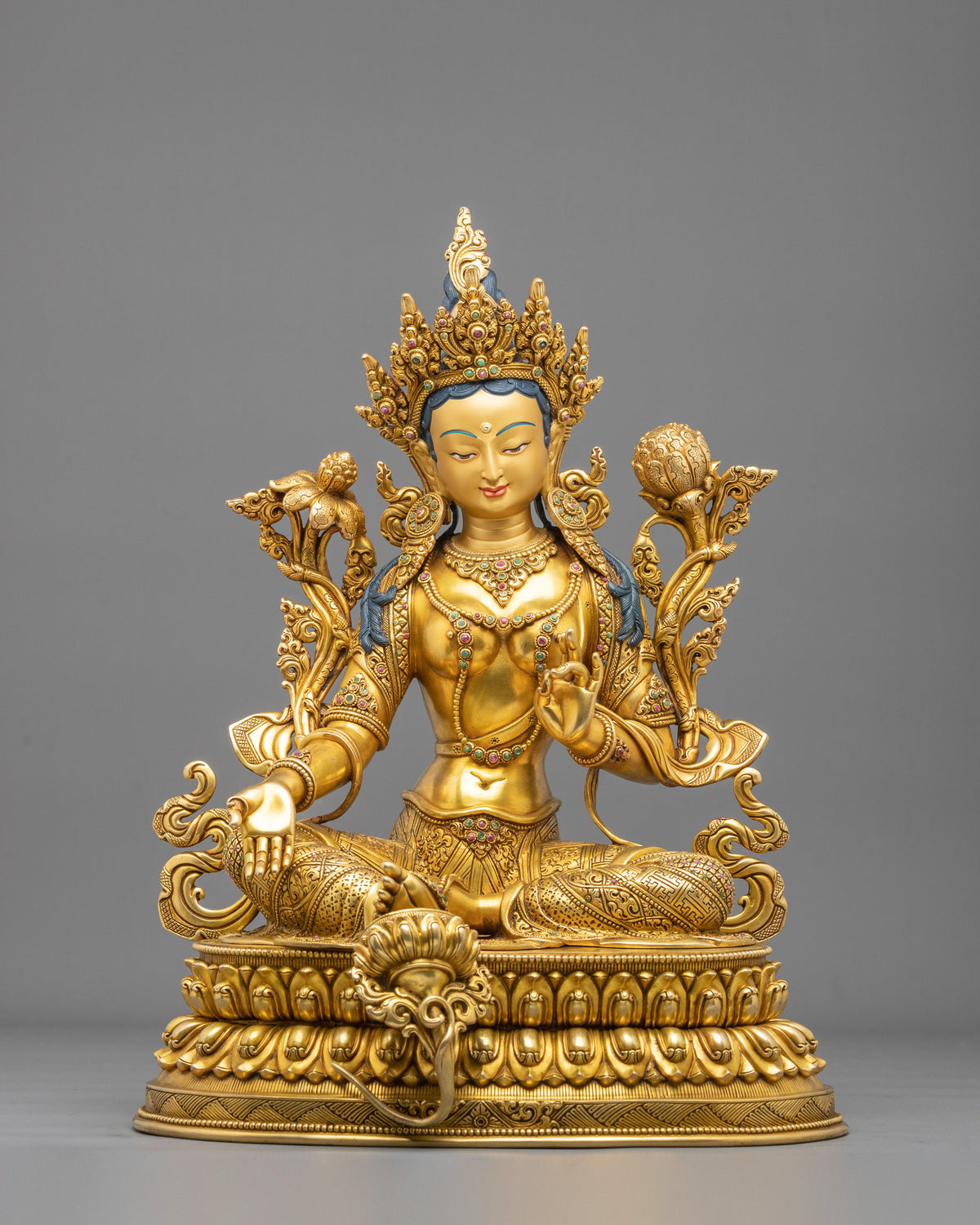 Gemstones Adorned Green Tara Sculpture | Home Decor