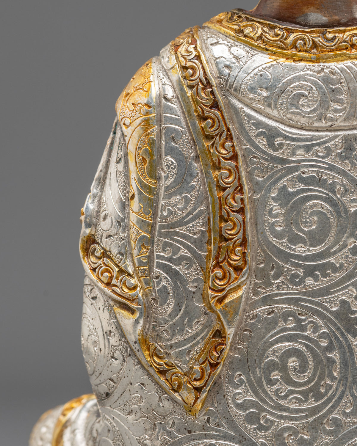 Shakyamuni Buddha Oxidized Statue with Silver Plating
