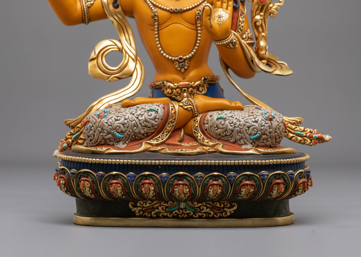 Manjushri Wisdom Sculpture | Copper Statue with Gemstone Details