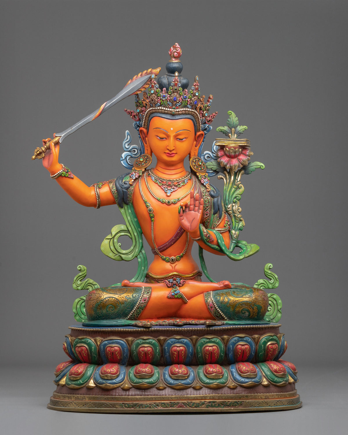Manjushri 24K Gold Coated Copper Figurine | Bodhisattva of Transcendent Wisdom