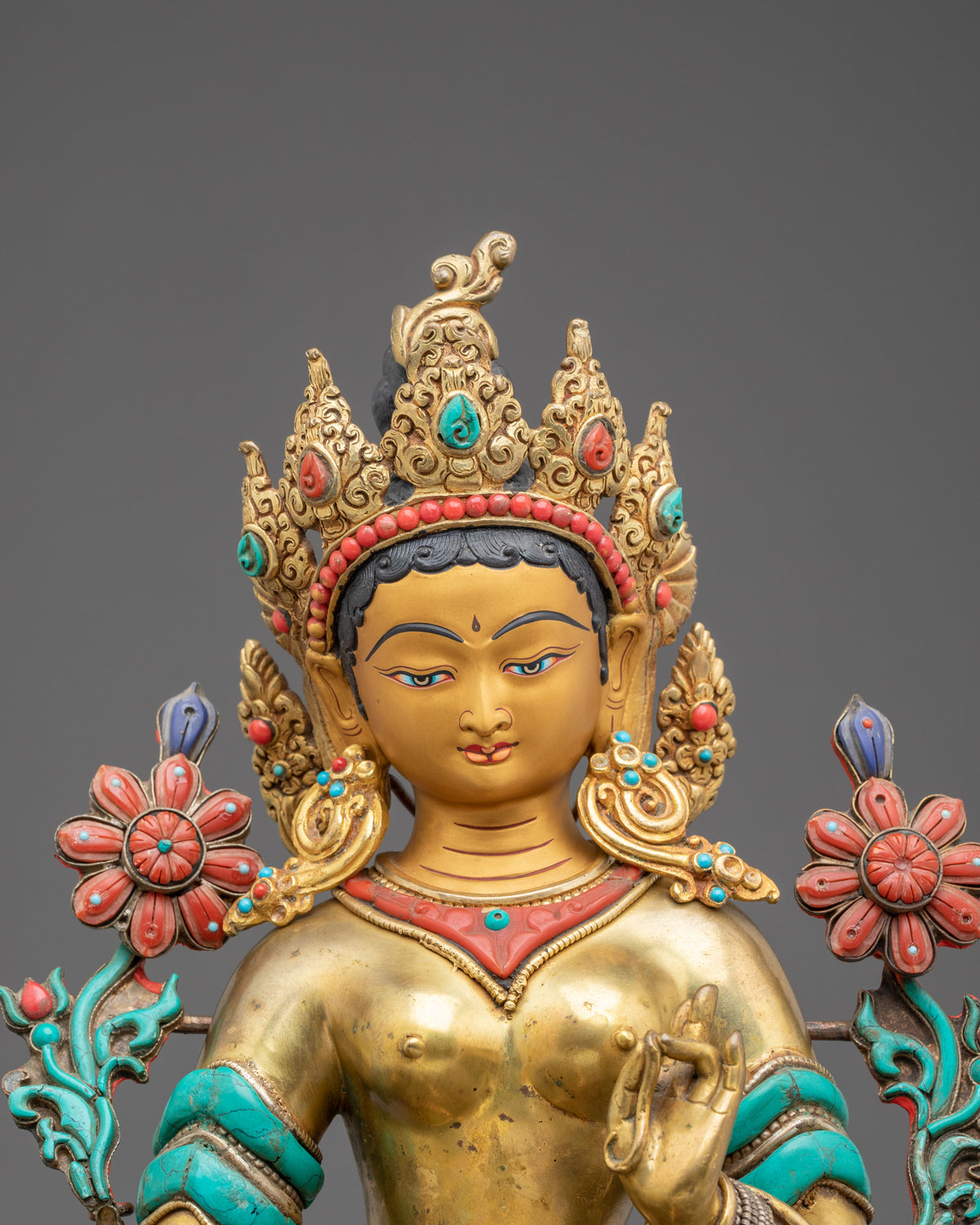 Green Tara Statue: Hand-Gilded 24K Gold & Gemstone