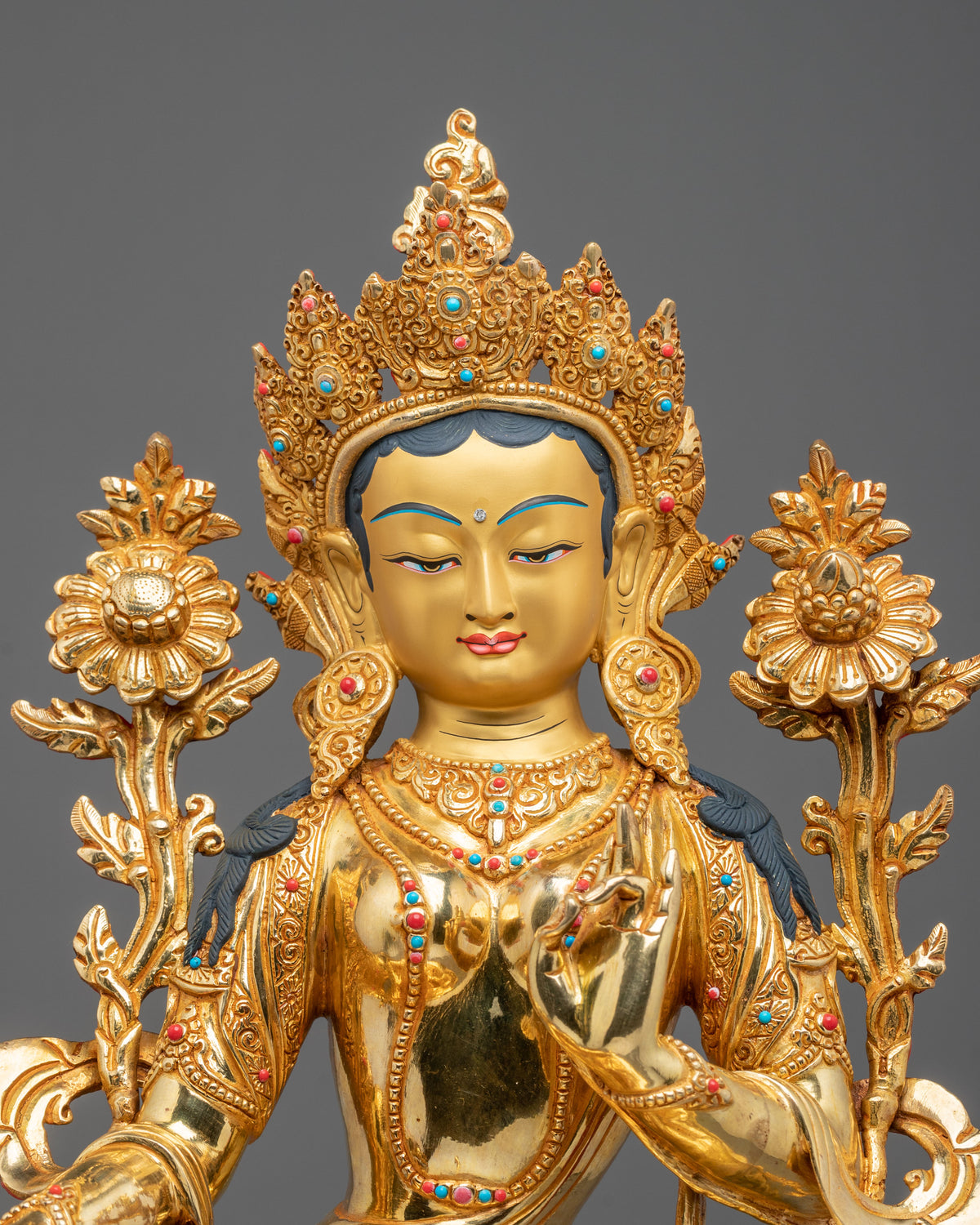 Green Tara 24K Gold Coated Goddess Statue: Deity of Compassion and Liberation