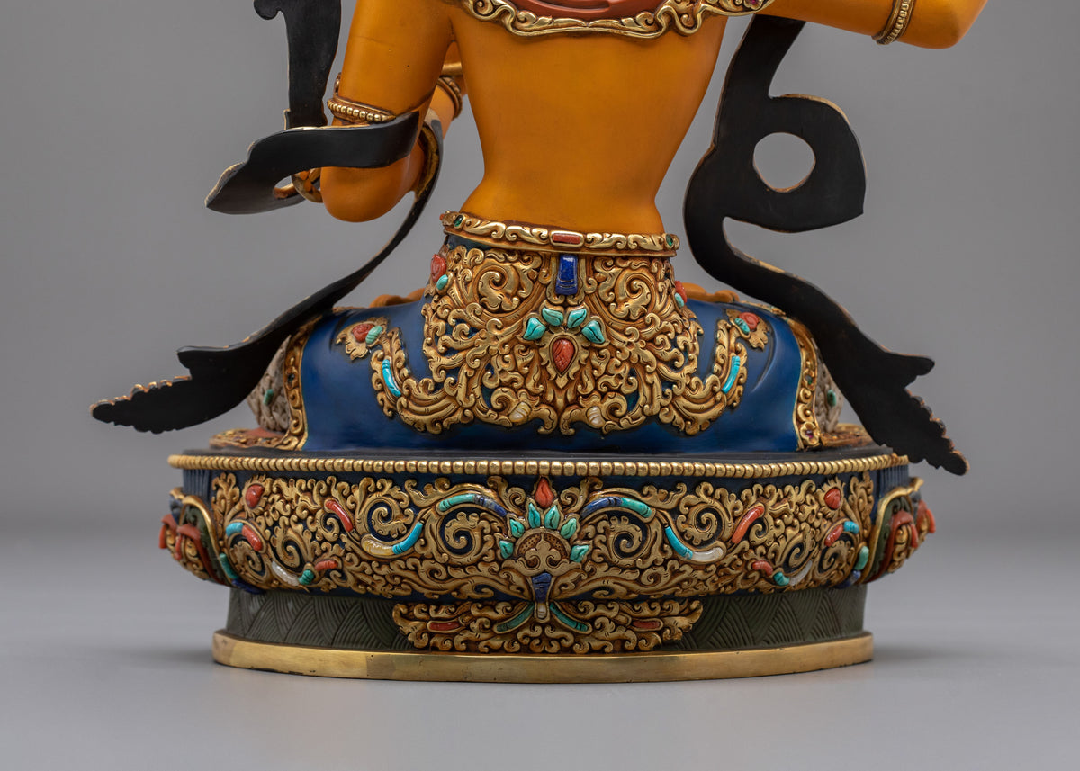 Manjushri Wisdom Sculpture | Copper Statue with Gemstone Details