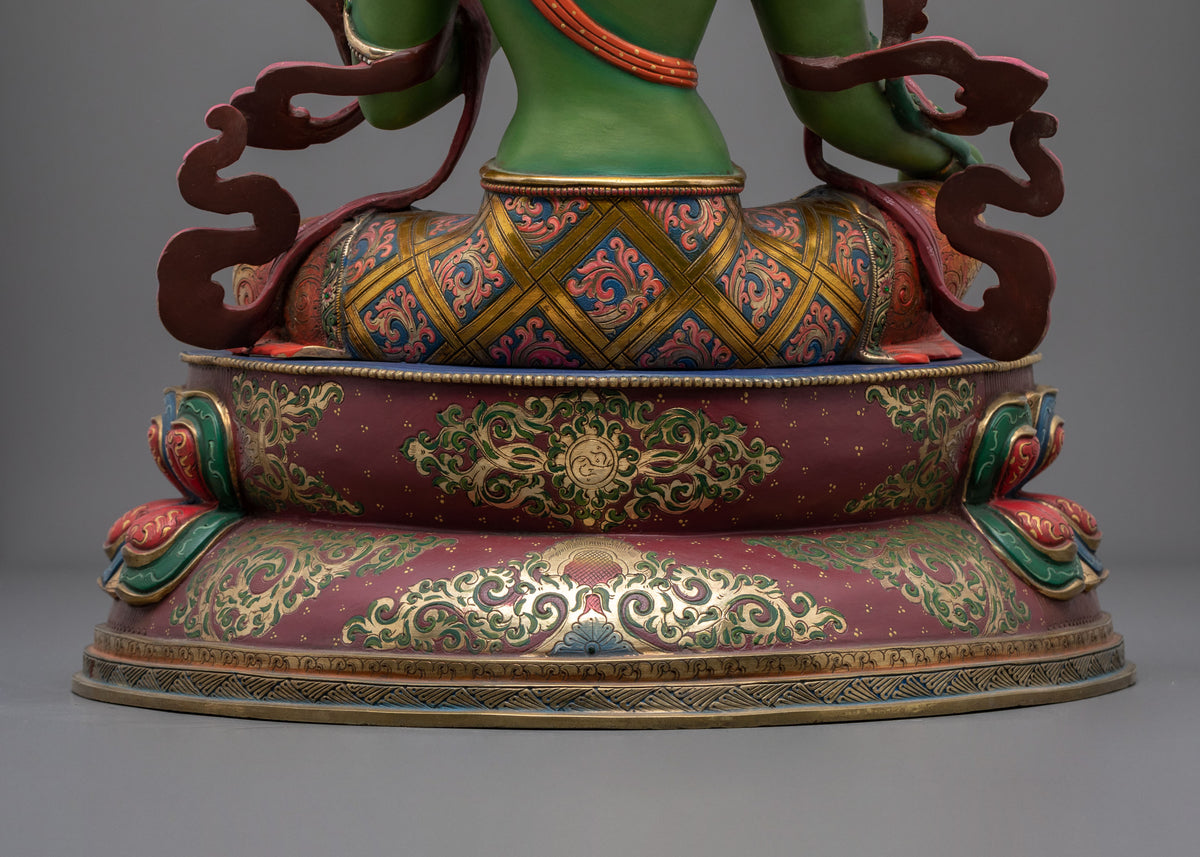 Gemstones Adorned Green Tara Figurine | Buddhist Deity of Compassion and Swift Activity