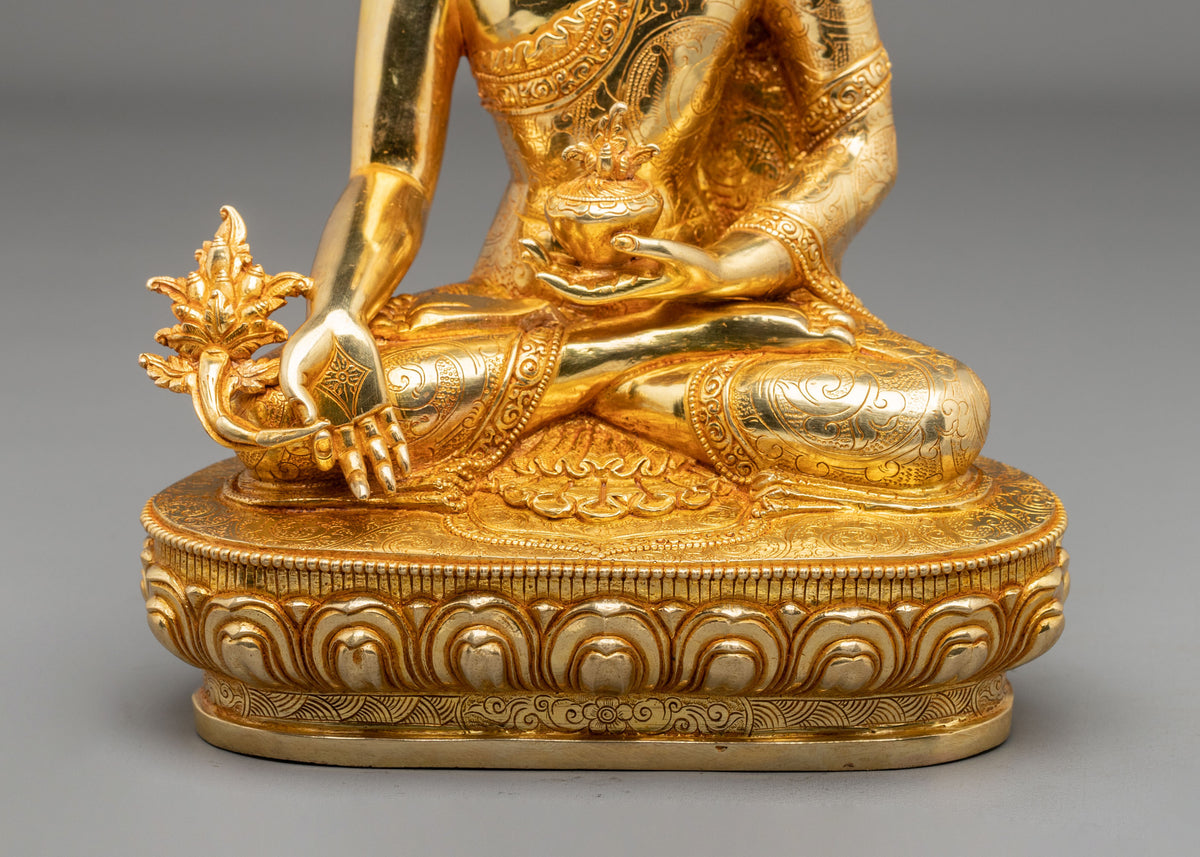 24K Gold Gilded Copper Statue of Medicine Buddha: Himalayan Buddhist Sacred Art